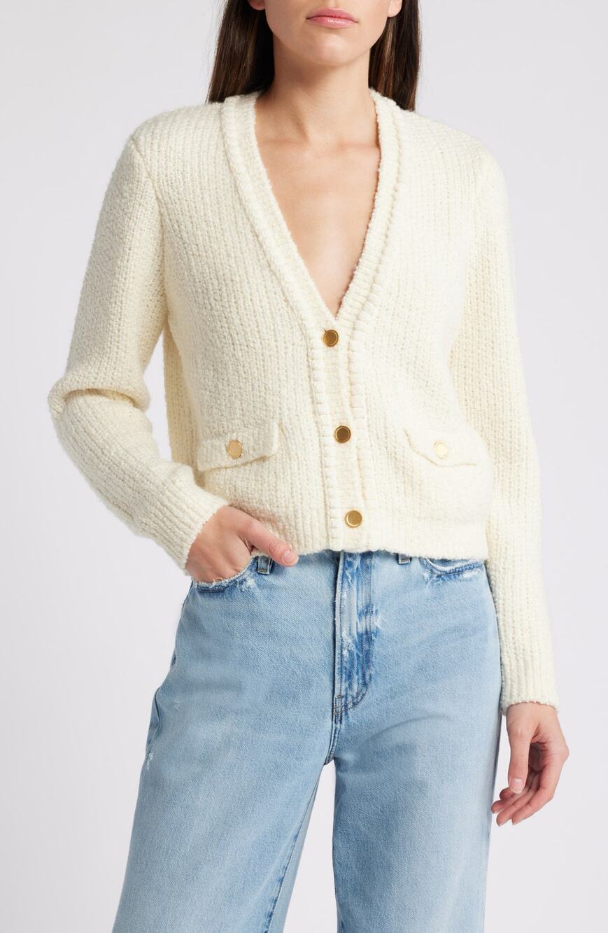 FRAME Women’s Cropped Cardigan Sweater Cream Button Front Pocket Size M NWT